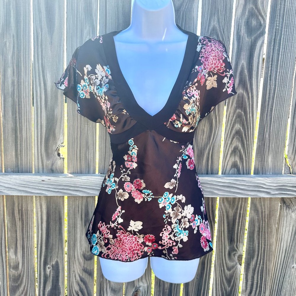 90s y2k Wet Seal Stain Floral V Neck Top Empire Waist Size Small